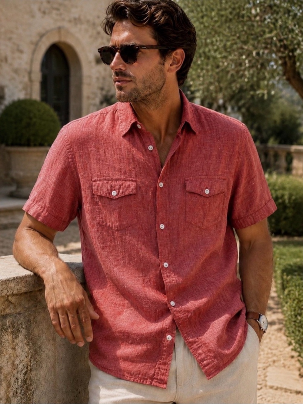 Linen Blend Men’s Short Sleeve Button-Up | Old Money | European Coastal, Size L